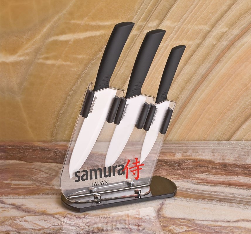 Набор из 3 кухонных керамических ножей Samura в подставке Eco-Ceramic SKC-001 + В ПОДАРОК!!! Овощечистка керамическая Samura SCP-100BL