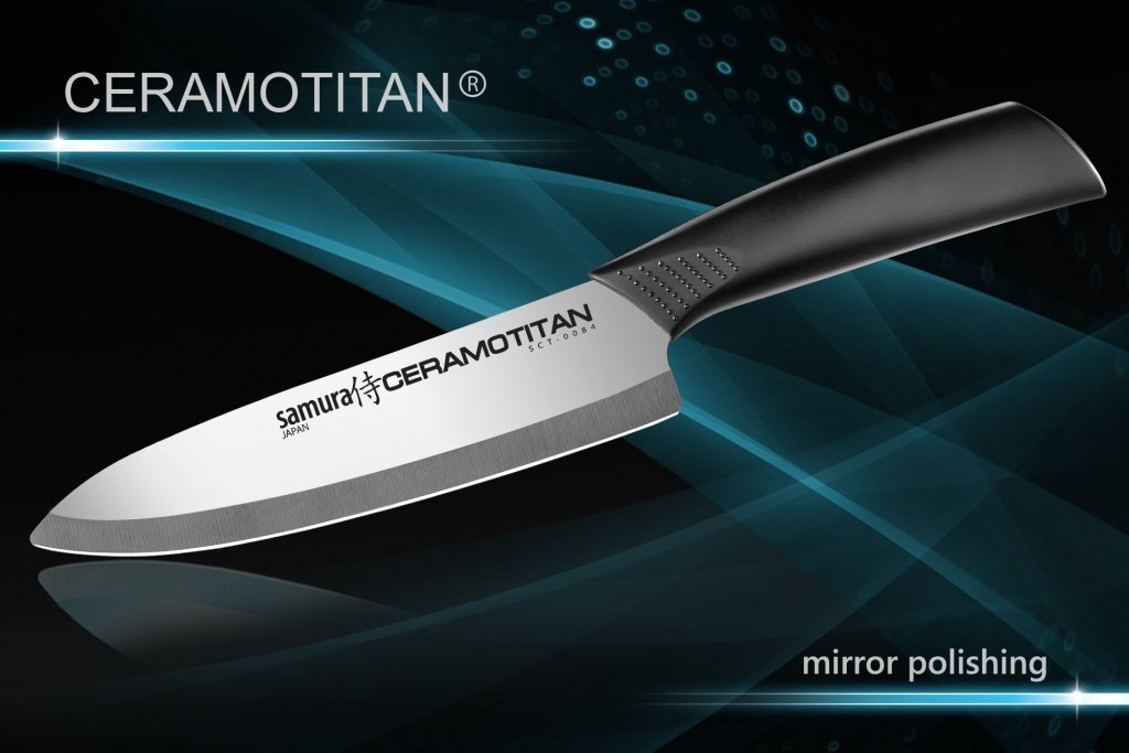 SCT-0084 Нож кухонный CERAMOTITAN Шеф 175 мм, черная рукоять, mirror
