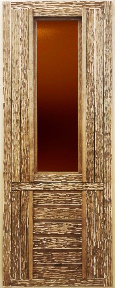Дверь со стеклом матовым, искусственно состарена, с притвором, липа, коробка из сосны, с ручками и петлями Банные штучки