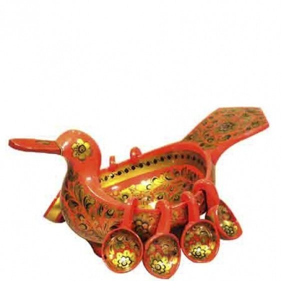 Ковш-утка с навесными ковшами, хохломская роспись